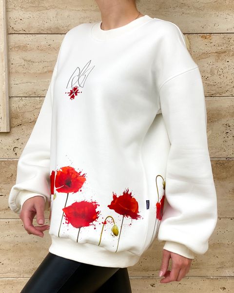 Women's sweatshirt "Poppies", S, WHITE, ТРИНИТКА НА ФЛІСІ